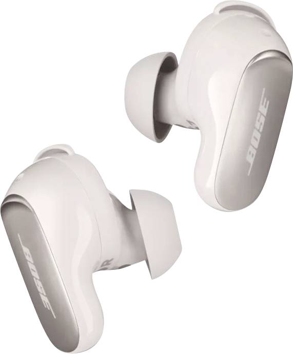 Bijeli bežični in-ear slušalice s natpisom 'BOSE' sa strane. Idealne za slušanje glazbe i pozive dok ste u pokretu.