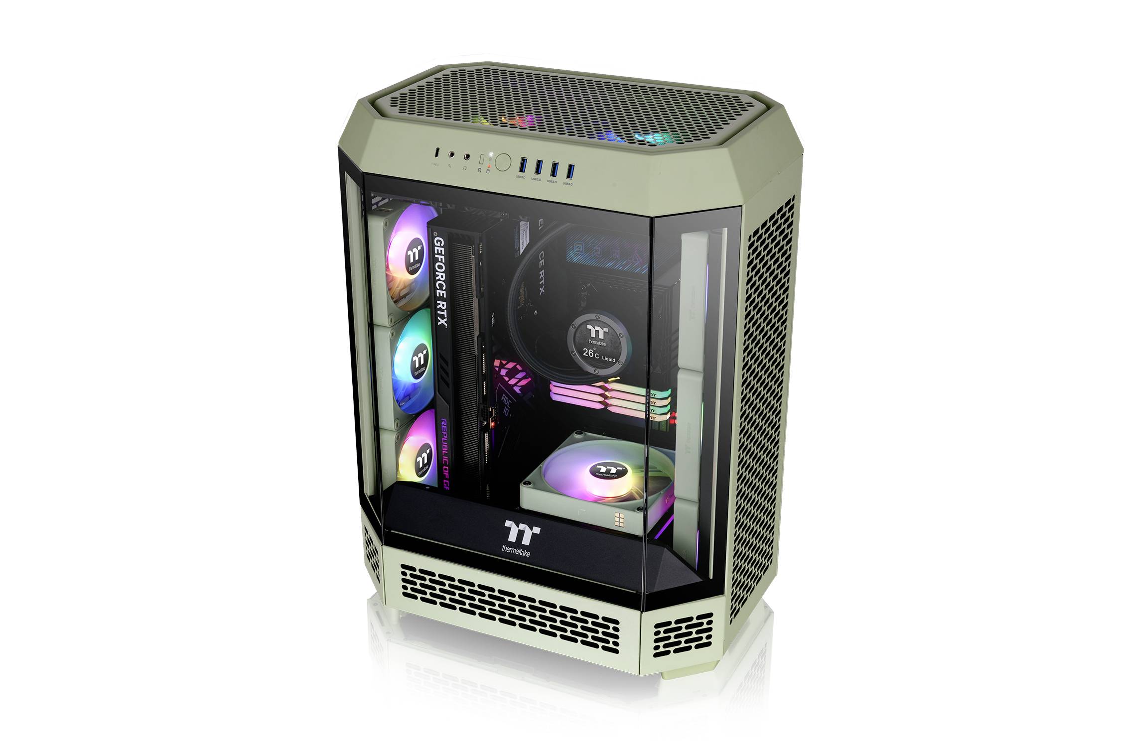 Moderni PC gaming toranj s prozirnim bočnim zidom prikazuje osvjetljene ventilatore i komponente unutar kućišta.