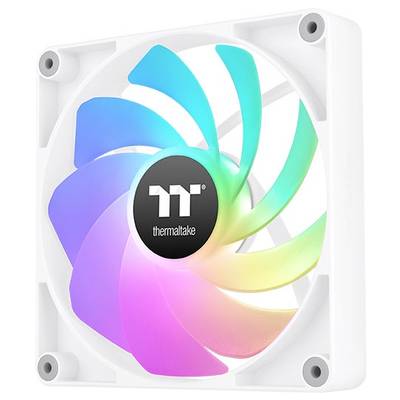 Bijeli računalni ventilator s raznobojnim LED svjetlima u spiralnom uzorku i logotipom 'thermaltake' u sredini.