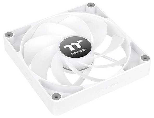 Bijeli računalni ventilator s centralnim logotipom i lopaticama, montiran u pravokutni okvir s četiri rupe za vijke.