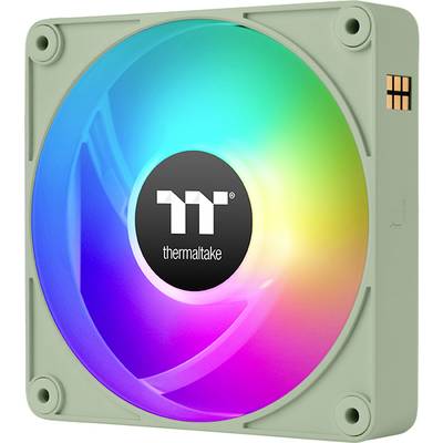 Kvadratni računalni ventilator s RGB osvjetljenjem koji svijetli u različitim bojama. U sredini se nalazi Thermaltake logotip.