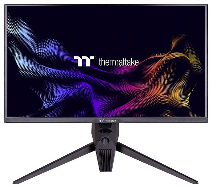 Računalni zaslon prikazuje logo Thermaltake-a na apstraktnoj, šarenoj pozadini. Monitor stoji na tronogijem stalku.