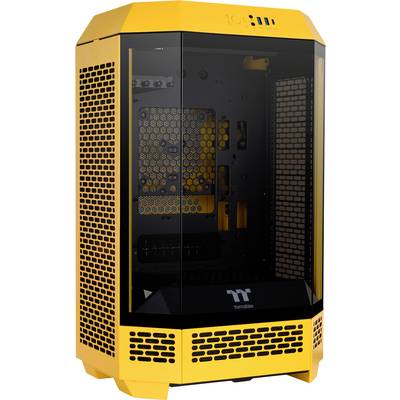 Žuti kućište računala s vidljivim unutrašnjim prostorom i ventilacijskim otvorima sa strana. Proizvođač je Thermaltake.
