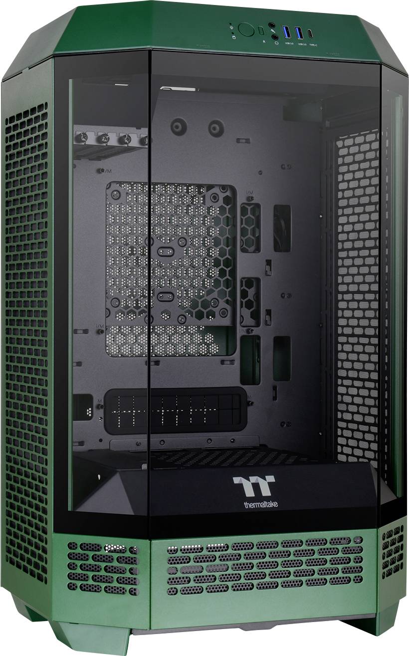 Zeleni PC kućišt sa staklenim stijenkami i različitim priključcima za računalne komponente, pogodan za izgradnju high-end računala.