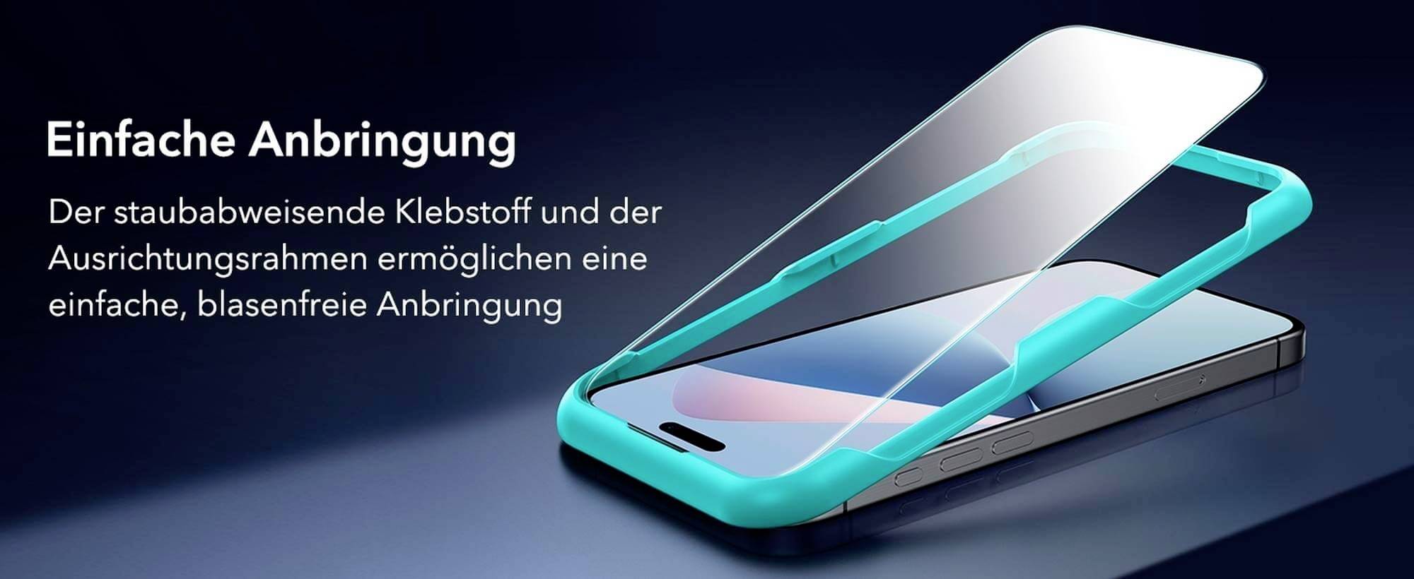 Mobitel s zaštitnom folijom i okvirom za pozicioniranje. Tekst: Jednostavna montaža. Prašinu odbijajući ljepak omogućava postavljanje bez mjehurića.