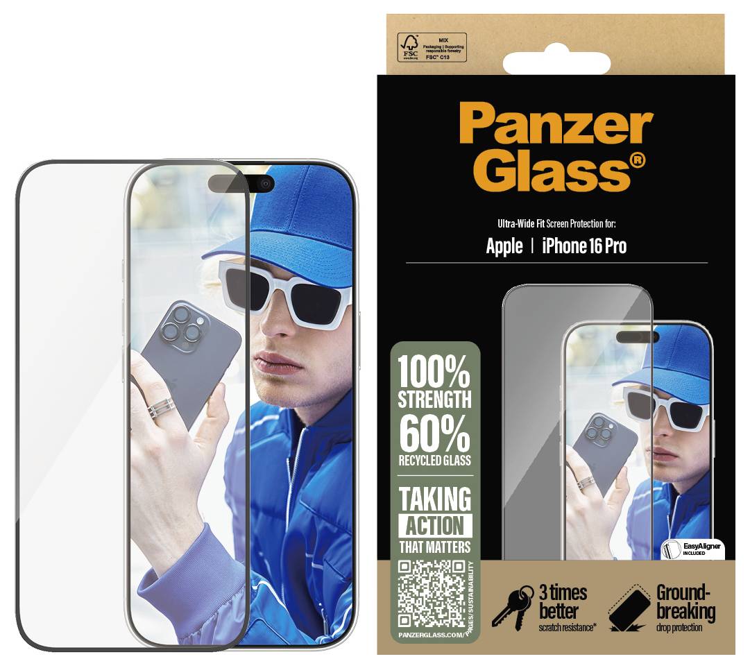 Zaštitno staklo za zaslon iPhonea, marka 'PanzerGlass'. Osoba u plavoj odjeći drži iPhone. Detalji proizvoda lijevo.