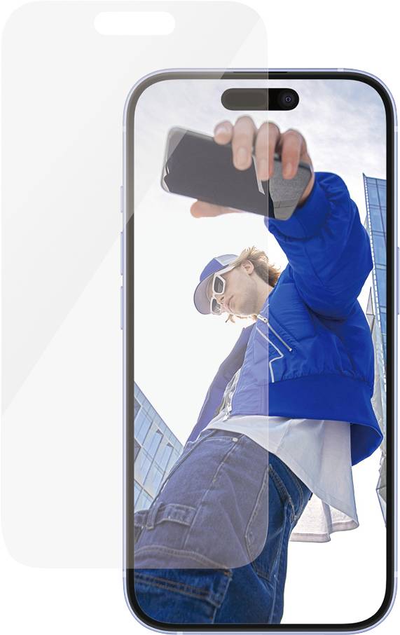 Osoba radi selfie smartfonom, nosi plavu jaknu i bijele sunčane naočale, ispred modernih zgrada.