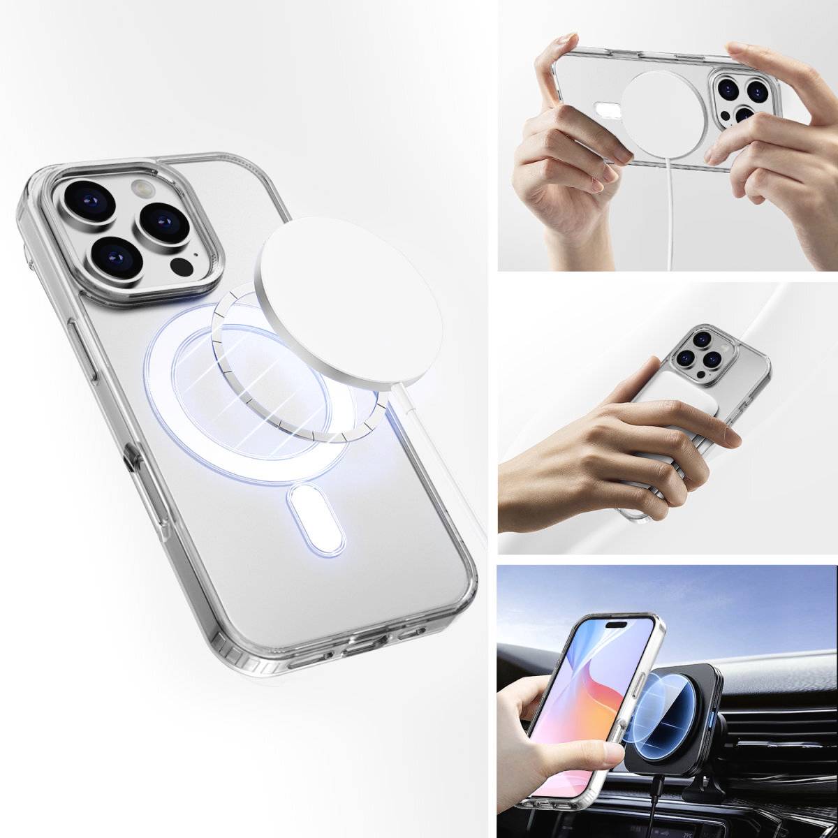 Futrola za smartphone s integriranim magnetom prikazuje mogućnosti punjenja i učvršćivanja. Ruke demonstriraju upotrebu u automobilu.