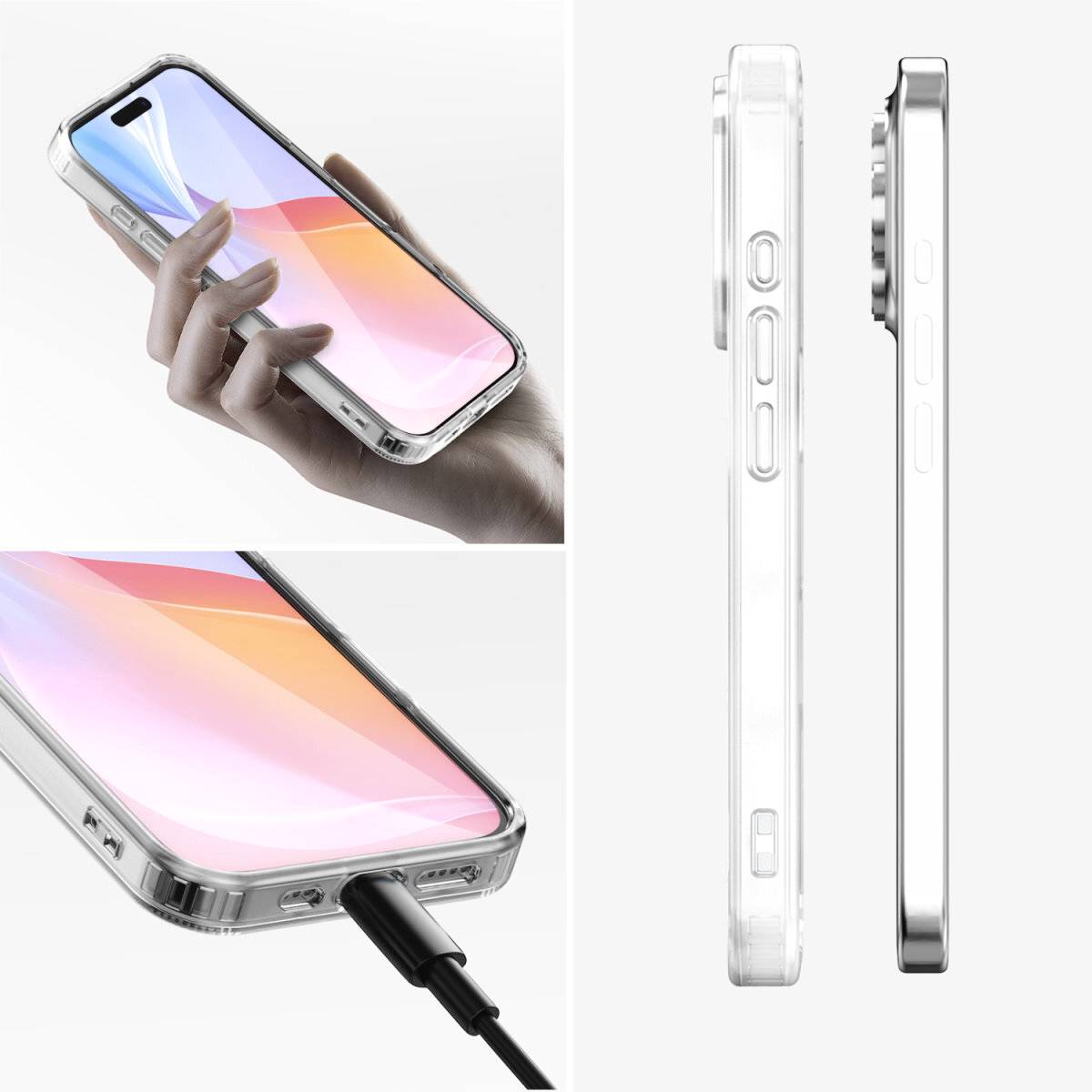 Pametni telefon s prozirnom futrolom. Prikazuje lijevu ruku koja drži uređaj, s priključenim punjačem. Pogled sa desne bočne strane.