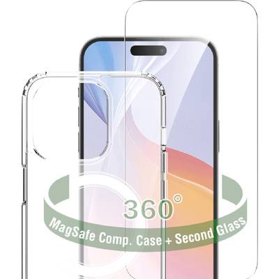 Pametni telefon s prozirnim zaštitnim kućištem i zaštitnim staklom, označen natpisom '360° MagSafe Comp. Futrola + Drugo staklo'.