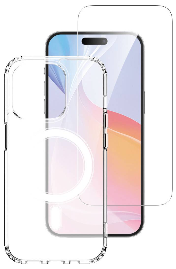 Pametni telefon zaobljenih rubova, flankan prozirnim futrolom i zaštitnim staklom za zaslon, na bijeloj pozadini.