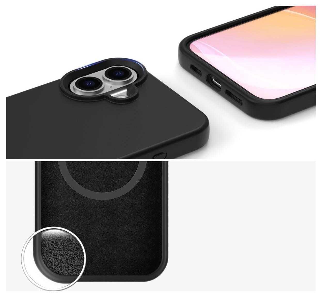 Mobitel u crnom zaštitnom poklopcu, detaljan pogled na otvor za kameru i teksturu unutar poklopca.