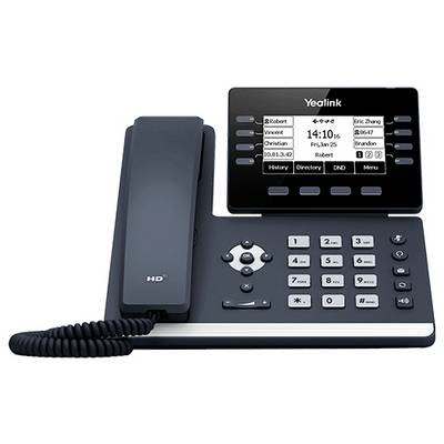 Crni uredski telefon s kabelom, tipkovnicom i zaslonom koji prikazuje detalje poziva.
