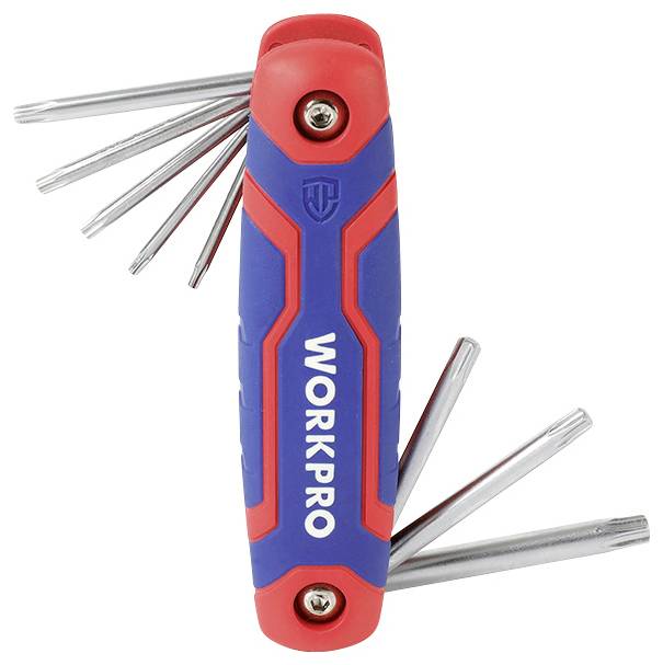 Plavo-crveni višenamjenski alat s nekoliko isklopnih vrhova alata, uključujući Torx i šesterokutne ključeve.