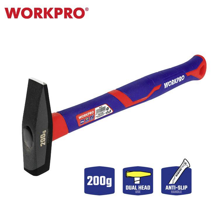 Čekić s plavo-crvenom ručkom, marke WORKPRO. Oznake: '200g', 'Dual Head', 'Anti-Slip'.