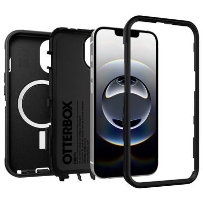 Četverodjelni crni OtterBox etui za telefon prikazan eksplodiranom prikazom, s prednjom okviru, stražnjom ljuskom, unutarnjim slojem i umetkom za telefon poravnatim za montažu.