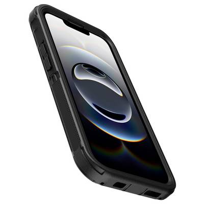 Crna otporna futrola za pametni telefon prikazana pod kutom na bijeloj pozadini, s povišenim rubovima i bočnim gumbima.
