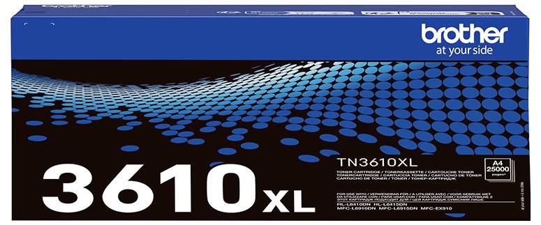 Toner kaseta Brother TN3610XL s plavom točkastom strukturom. Tekst: 'uvijek uz vas' i '25000 stranica'. Pogodan za A4 printere.