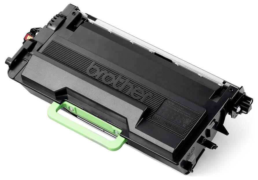 Crni toner patronažni spremnik s zelenom ručkom koja prikazuje naziv marke.
