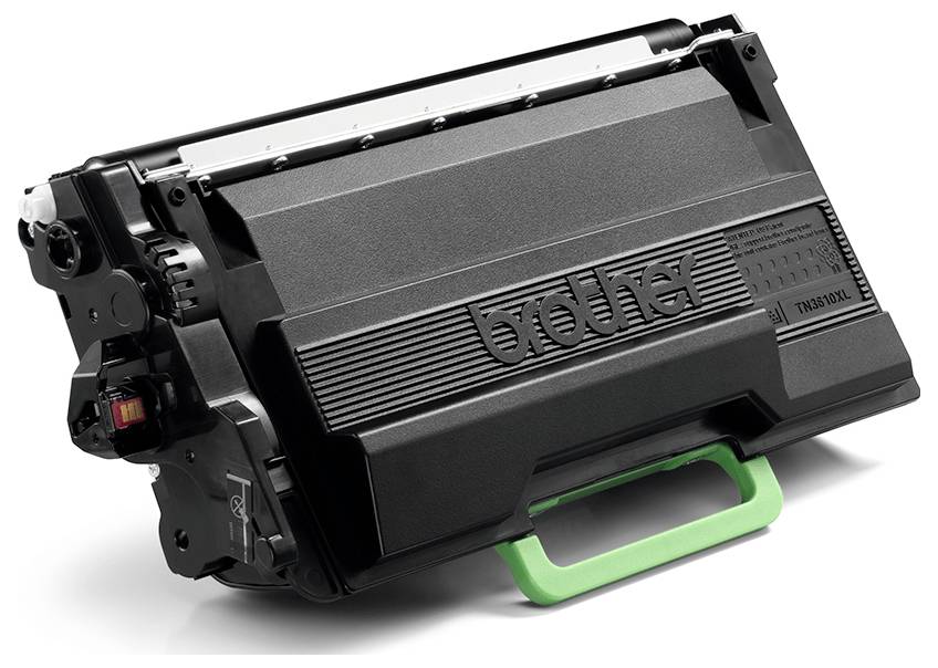 Toner kaseta za Brother pisač, model TN850, s kućištem crne plastike i zelenom ručkom.