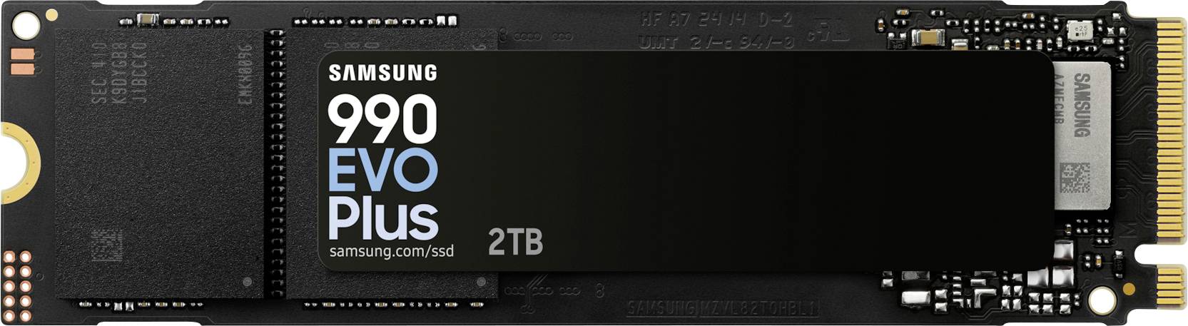 Tvrdi disk: Samsung 990 EVO Plus 2TB NVMe SSD, crni dizajn, zlatni priključak desno.