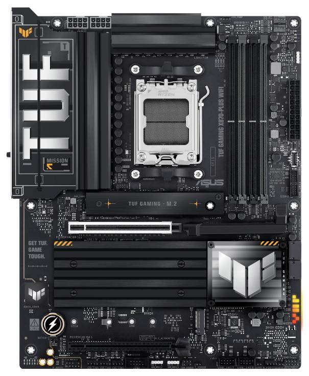 Matična ploča s TUF brendiranjem, LGA1700 utičnicom, četiri utora za RAM, PCIe utorima i M.2 hladnjakom.