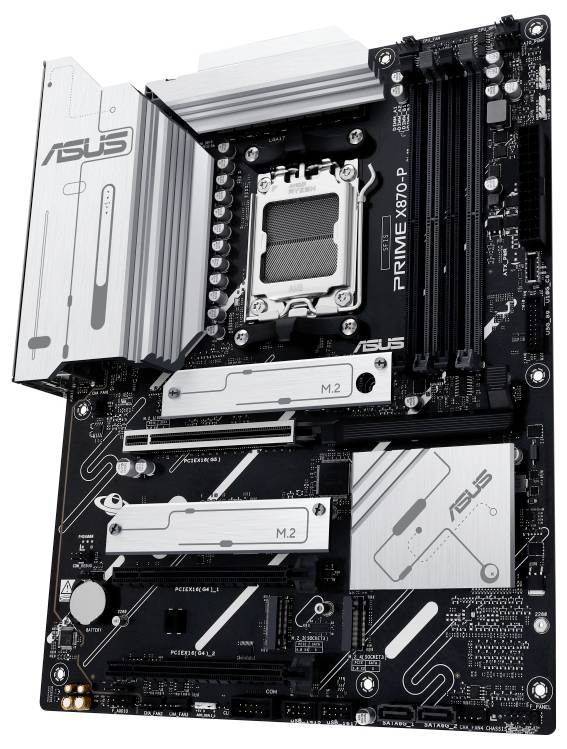 Matična ploča 'ASUS PRIME X670P' sa srebrnim hladnjacima, više PCIe utora i dva M.2 uticna mjesta u crnom dizajnu.