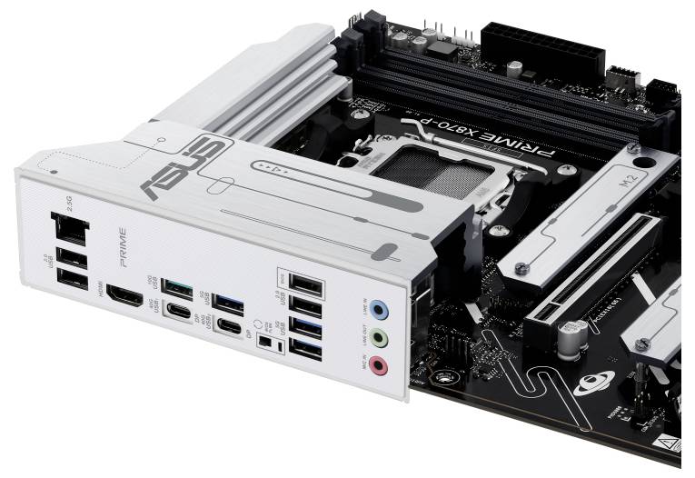 Računalna matična ploča s nekoliko USB priključaka, audio utičnica i proširnih utora. Marka je ASUS Prime Z490.
