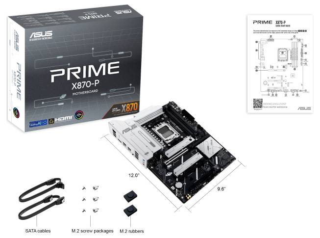 'ASUS PRIME X670-P matična ploča' ambalaža i matična ploča s pogledom na glavne komponente. Uključuje SATA kablove, vijke, upute.