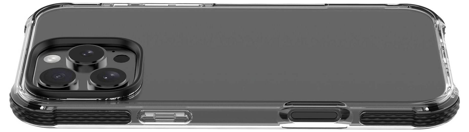 Smartphone leži okrenuto ekranom prema dolje. Na poleđini se vidi prozirna maska i trostruka leća kamere.