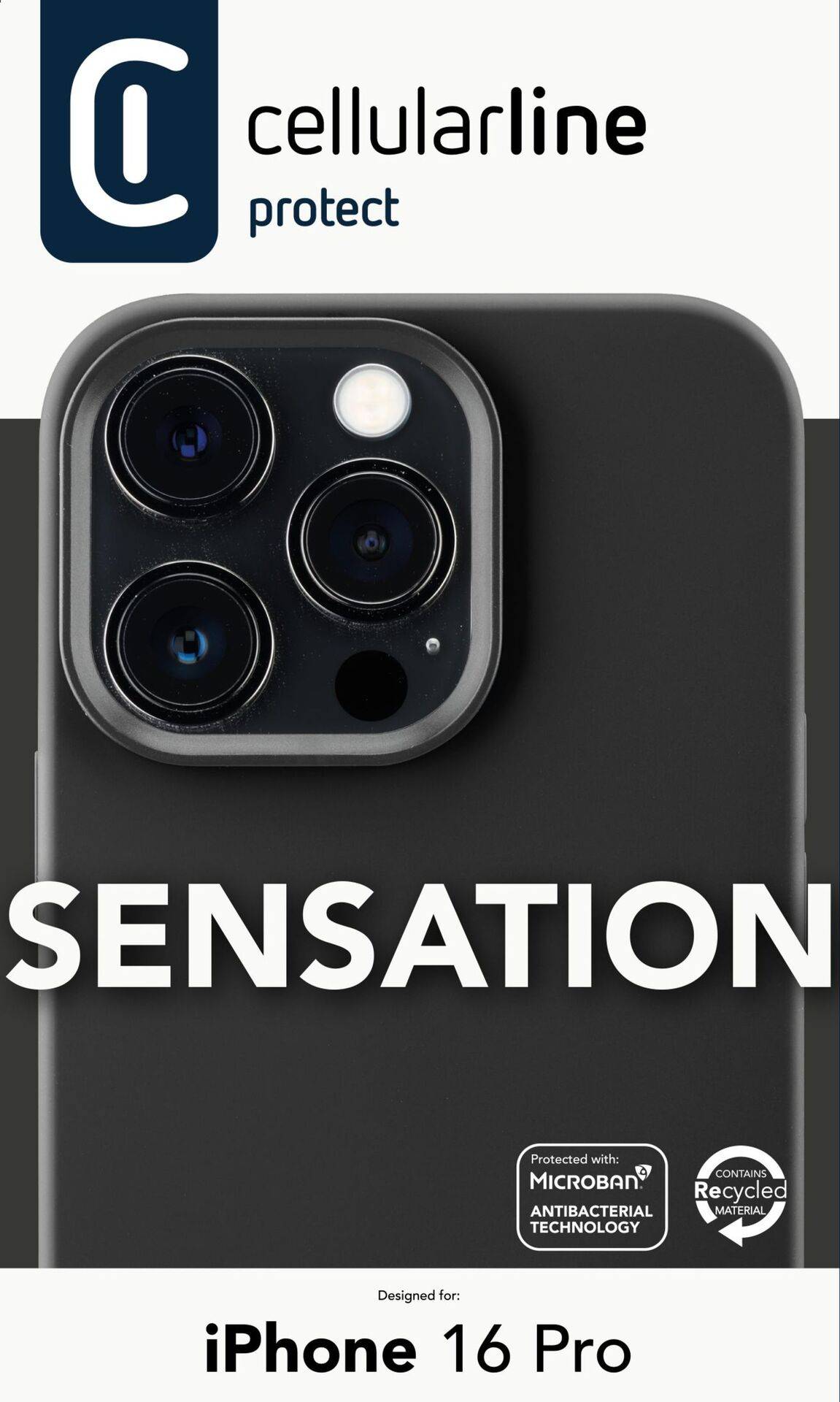Crni pametni telefon s tri leće kamere prikazan je na ambalaži za 'cellularline protect' maskicu za iPhone 16 Pro.