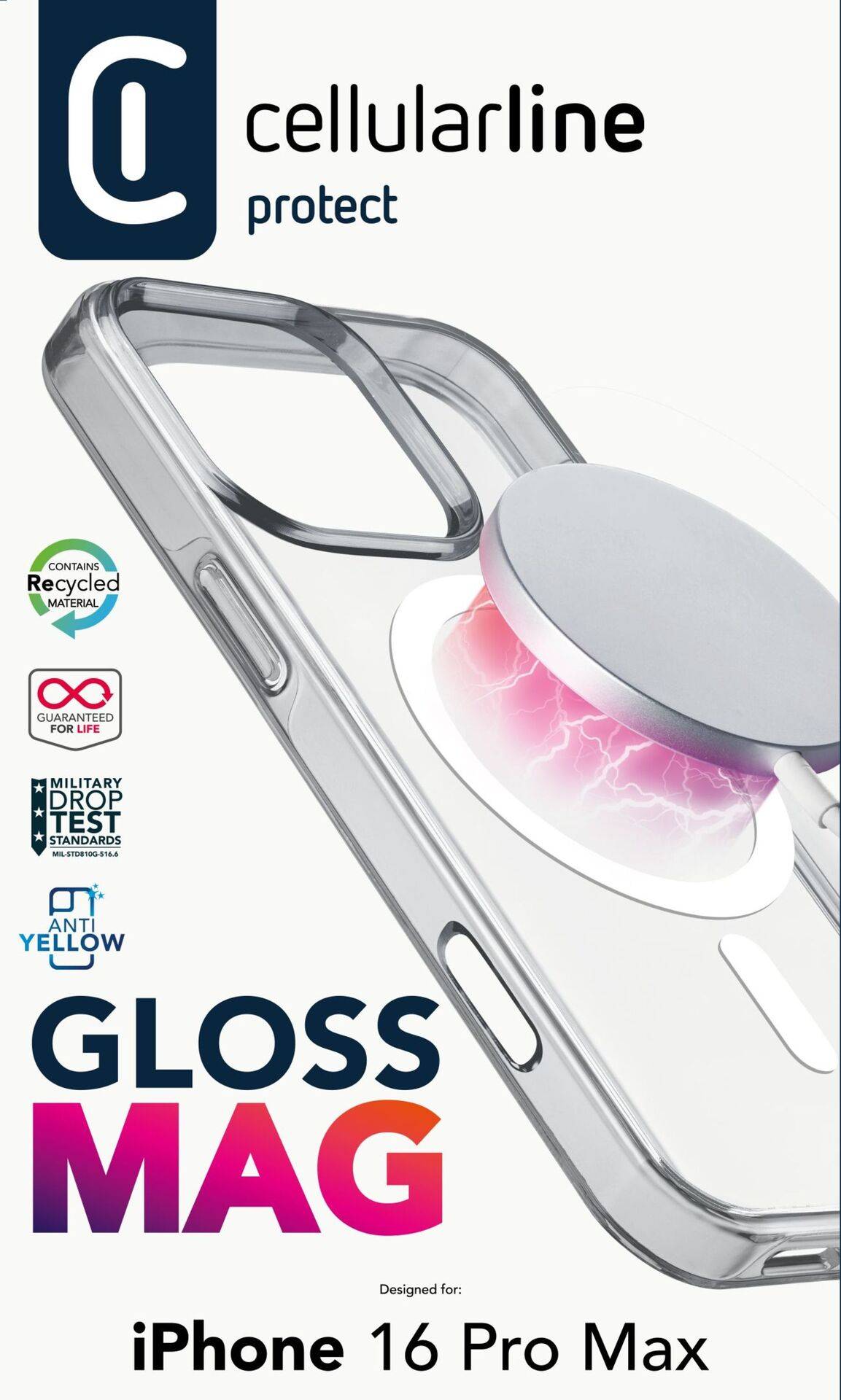 Zaštitna maska 'Gloss Mag' za iPhone 16 Pro Max od Cellularlinea. S dizajnom kompatibilnim s MagSafe-om, otporna na udarce i sa zaštitom od žućenja.