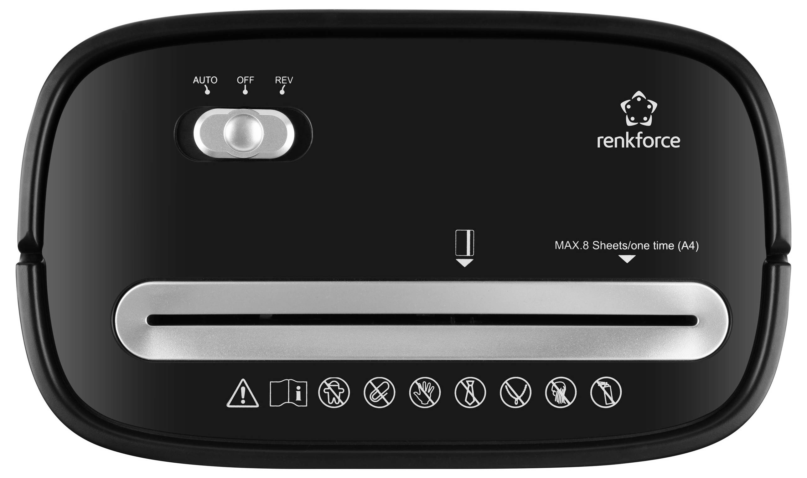 Uređaj za uništavanje dokumenata u crnom kućištu s logotipom 'renkforce'. Upravljačka tipka za Automatski rad, Isključivanje, Povratni smjer. Otvor za papir. Maksimalni kapacitet: 8 listova.