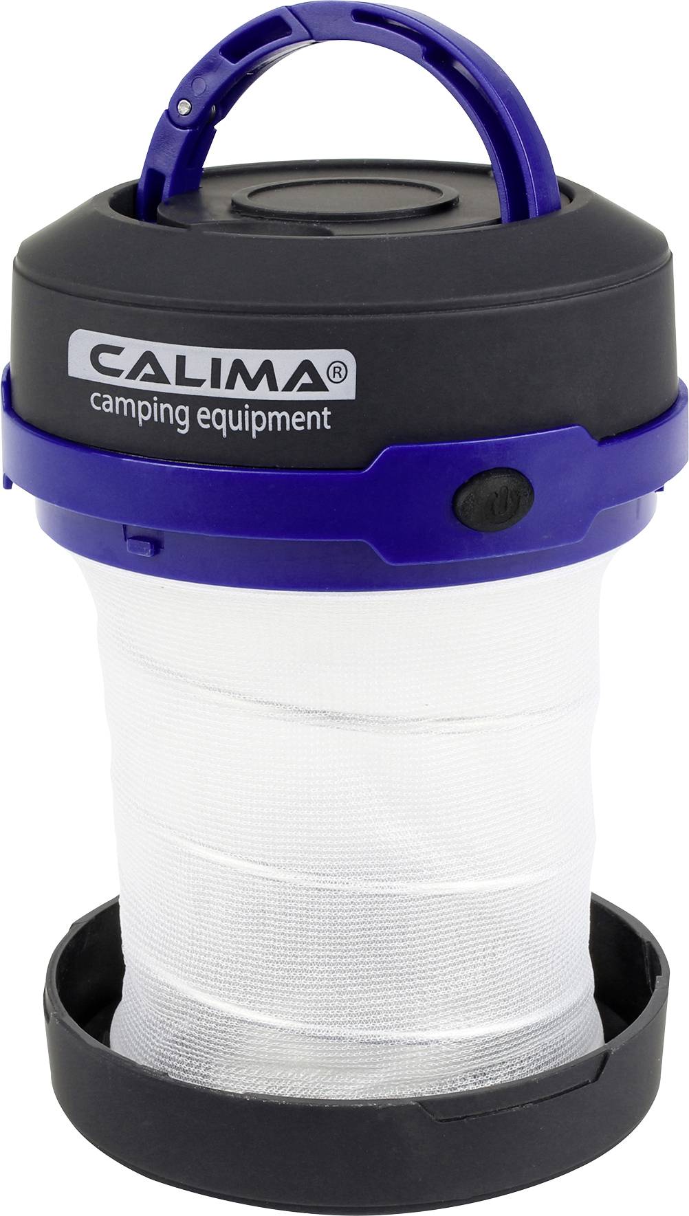 Na slici se nalazi prijenosna kamping lampa s izvlačivim, bijelim sjenilom i plavom ručkom.
