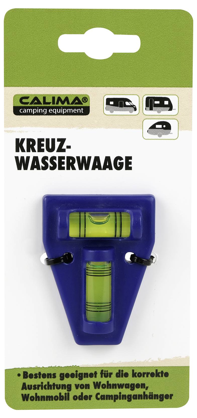 'Calima Kreuz-Wasserwaage' na karti s prikazima kampera i prikolice. Tekst: 'Odlično pogodan za pravilno pozicioniranje kamper-prikolice, kampera ili kampističke prikolice'.