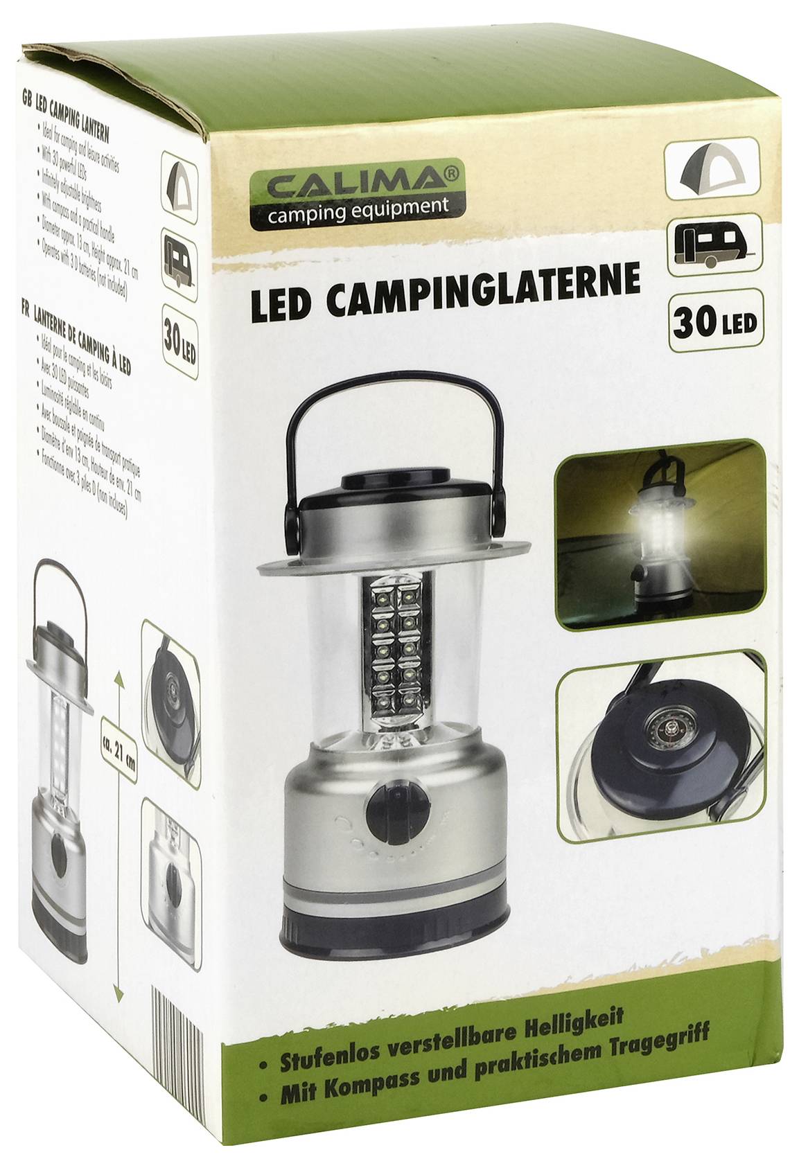 Kamping-lampa s LED osvjetljenjem prikazana na kutiji. Detalji: beskonačno podešavanje jačine osvjetljenja, kompas, praktična ručka za nošenje.