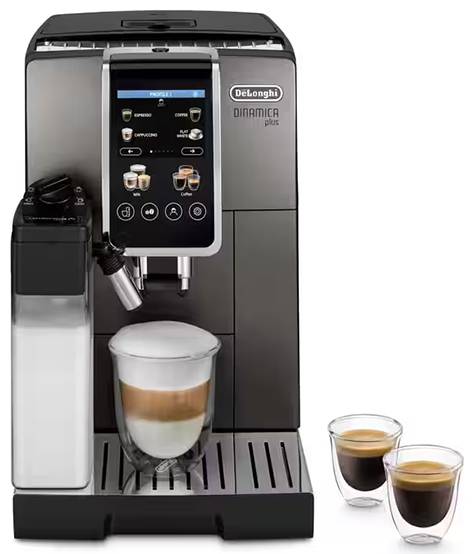 Aparat za kavu s ugrađenim pjenilom mlijeka. Display prikazuje odabir kava specijaliteta. Dvije espresso šalice postavljene pokraj.