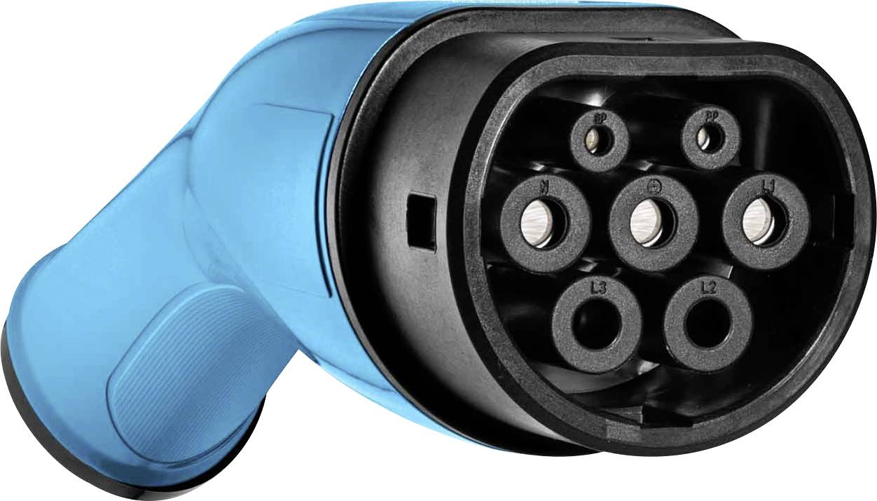 Plavi šesteropolni utikač tipa 2 za električna vozila, namijenjen punjenju na javnim ili privatnim stanicama.