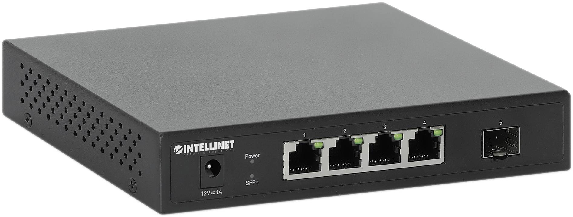 Crni mrežni switch od Intellineta s četiri Ethernet porta i jednim SFP portom, pogodan za uredske okruženja.