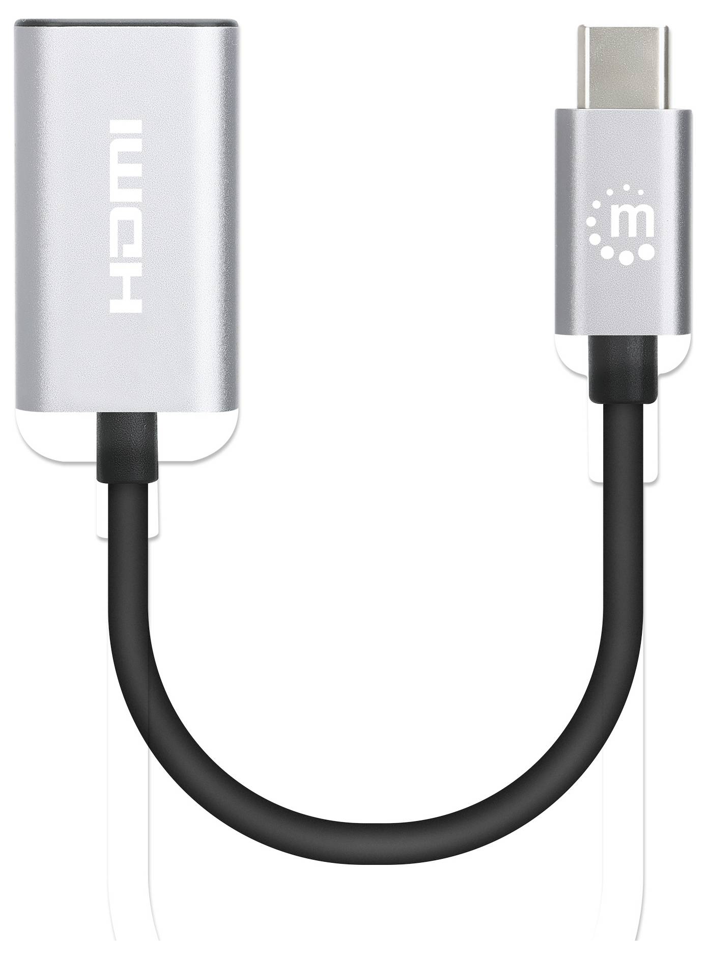 Srebrni adapter s HDMI i USB-C priključcima, međusobno povezan kratkim kabelom.
