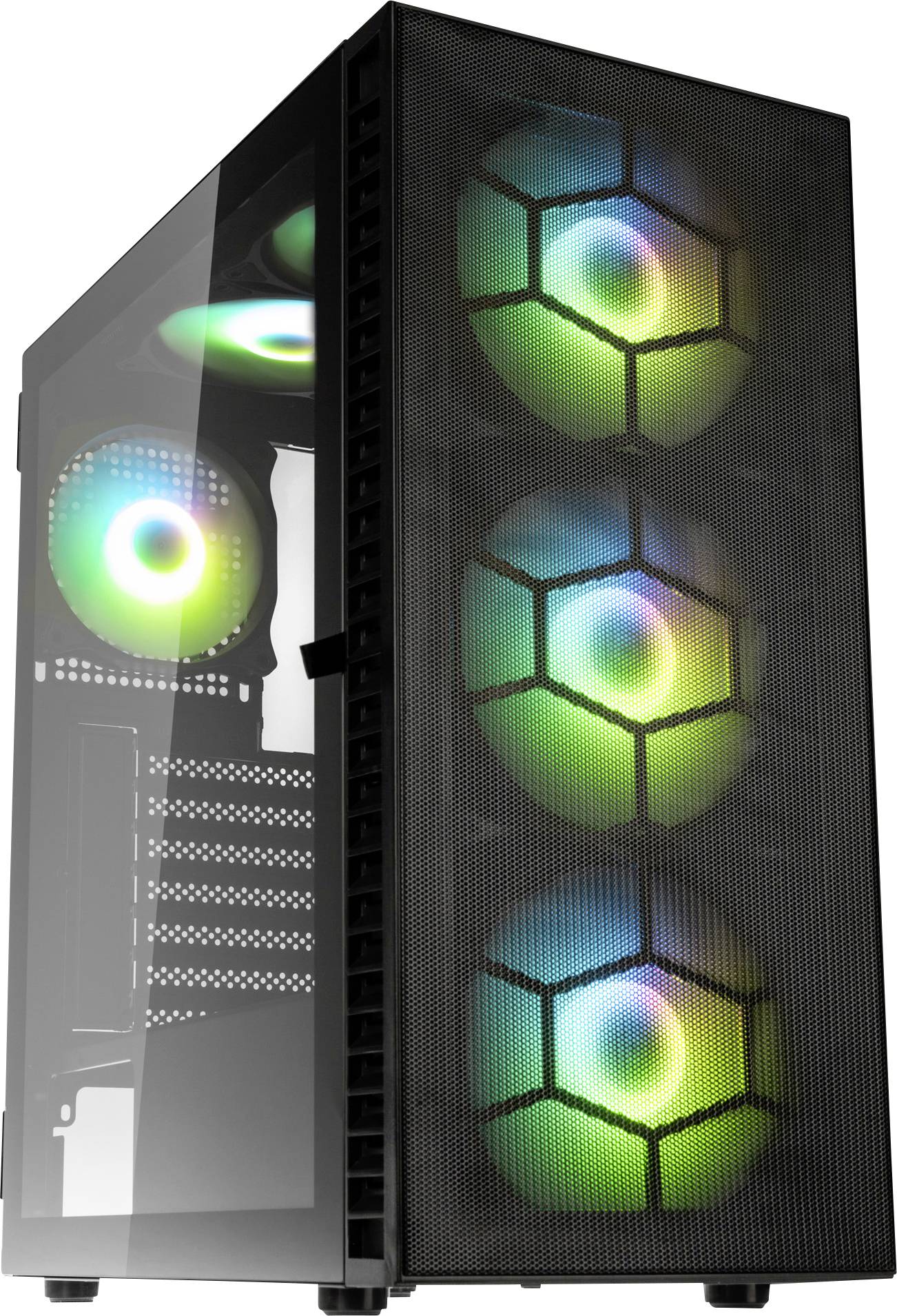 Računalno kućište s prozirnom bočnom stranom prikazuje tri RGB osvjetljena ventilatora na prednjoj strani i još jedan RGB ventilator u unutrašnjosti.