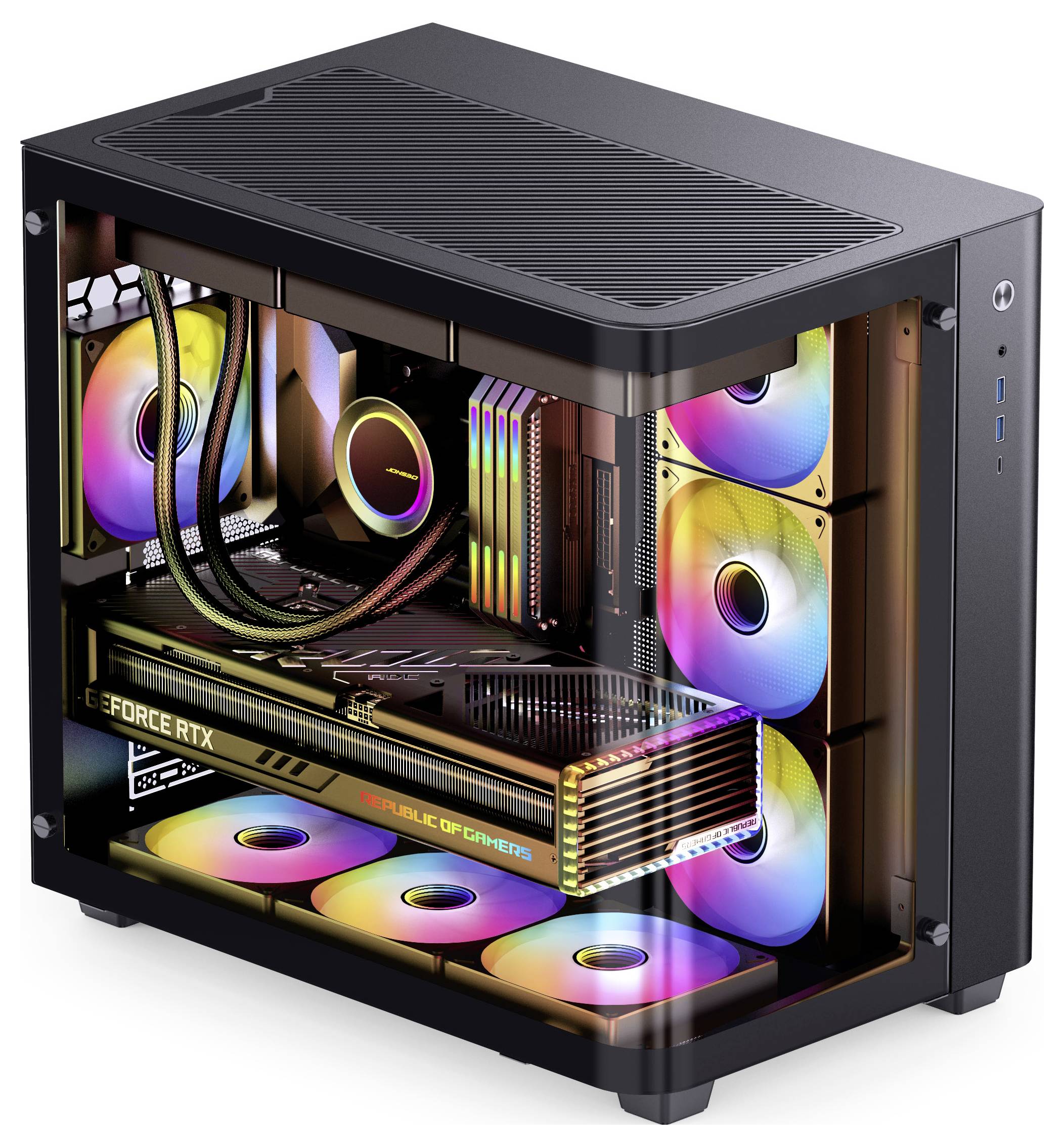 Otvoreni stolni računar s RGB osvjetljenjem prikazuje grafičku karticu i nekoliko ventilatora.