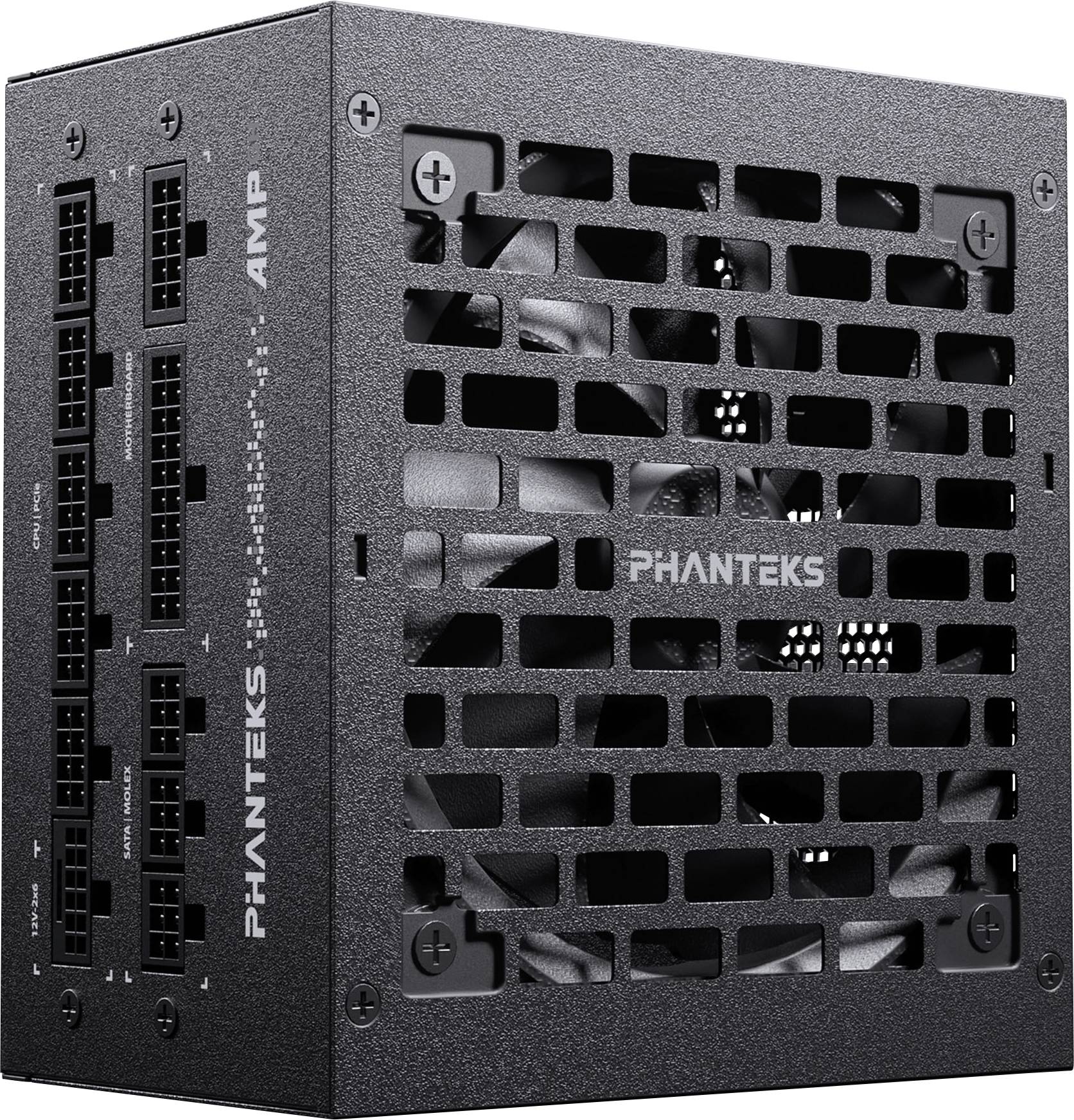 Crni računalni napajnik Phanteks s rešetkom za ventilaciju i priključcima sa strane, pogodan za gaming i visokoperformantne računale.