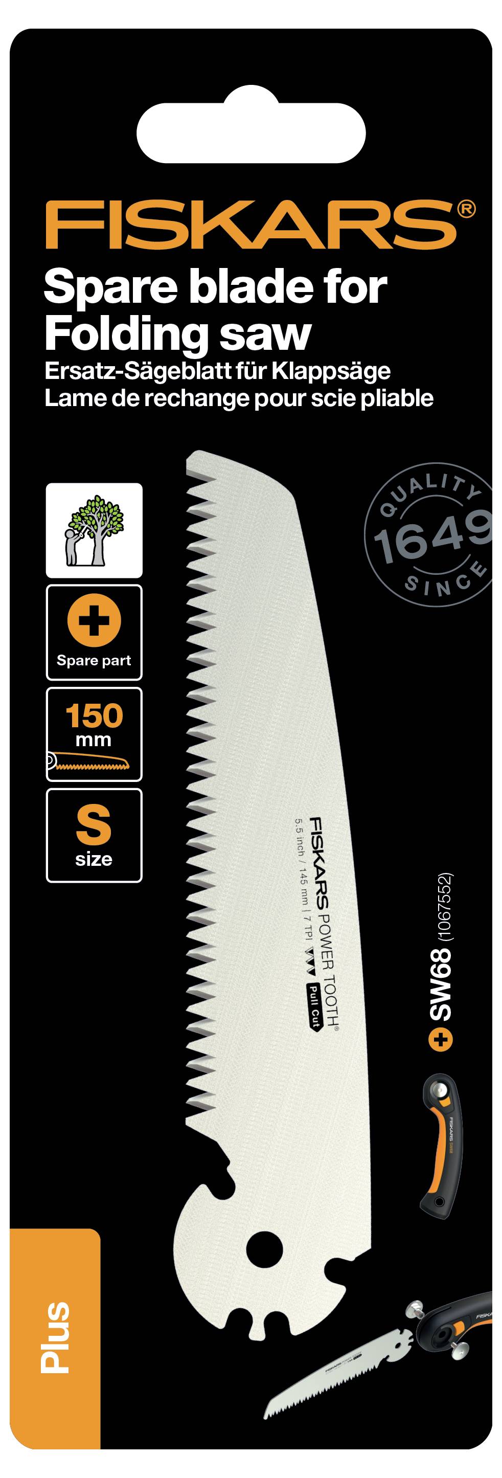 Zamjensko listovno pile za sklopivi pilić Fiskars, duljina 150 mm, prikaz lista pile i grafike stabla, tekst na više jezika.