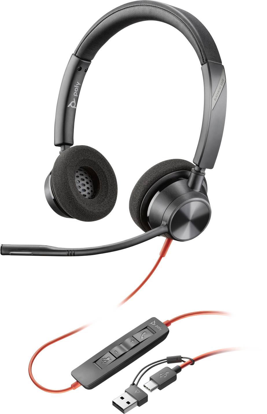 Crni USB headset s mikrofonom, obloženim ušnim školjkama i crvenim kabelom, pogodan za računala i komunikacijske aplikacije.