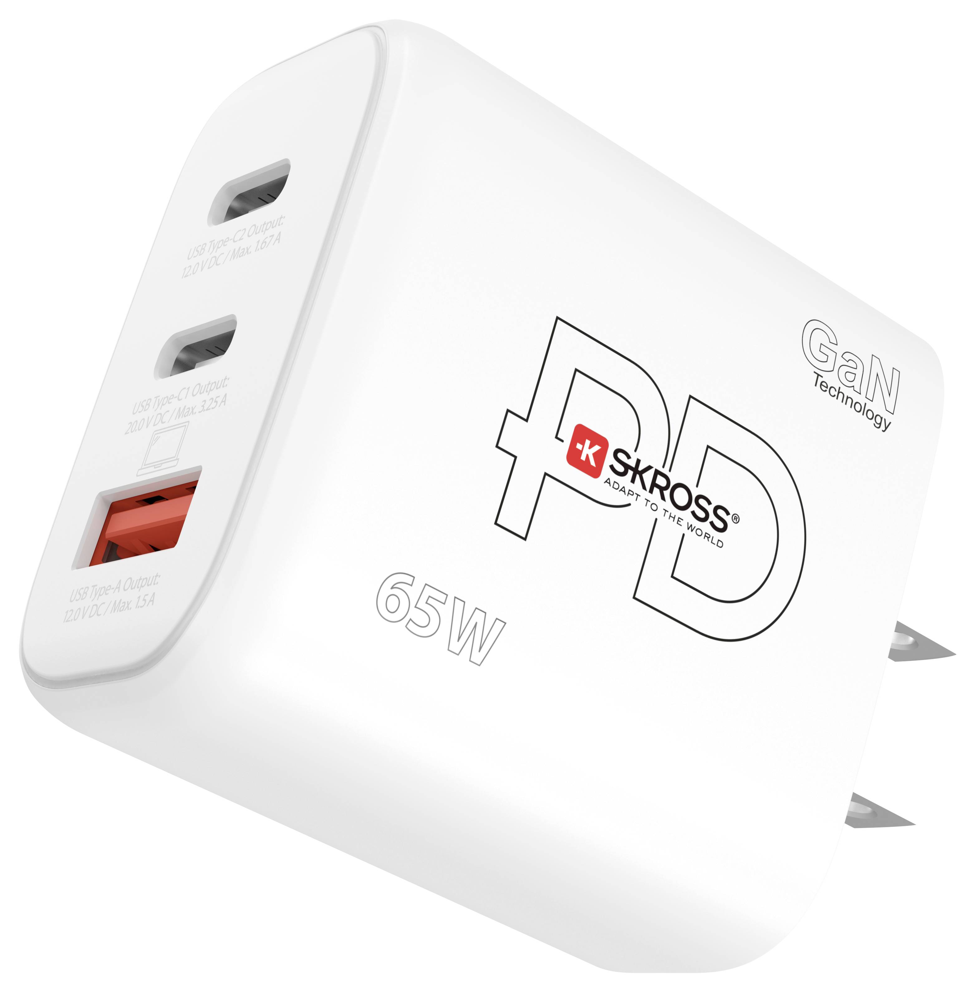 Punjač s tri USB priključka, od kojih su dva USB-C, označeni oznakom 'PD' za isporuku napajanja, snage 65W, s GaN tehnologijom.
