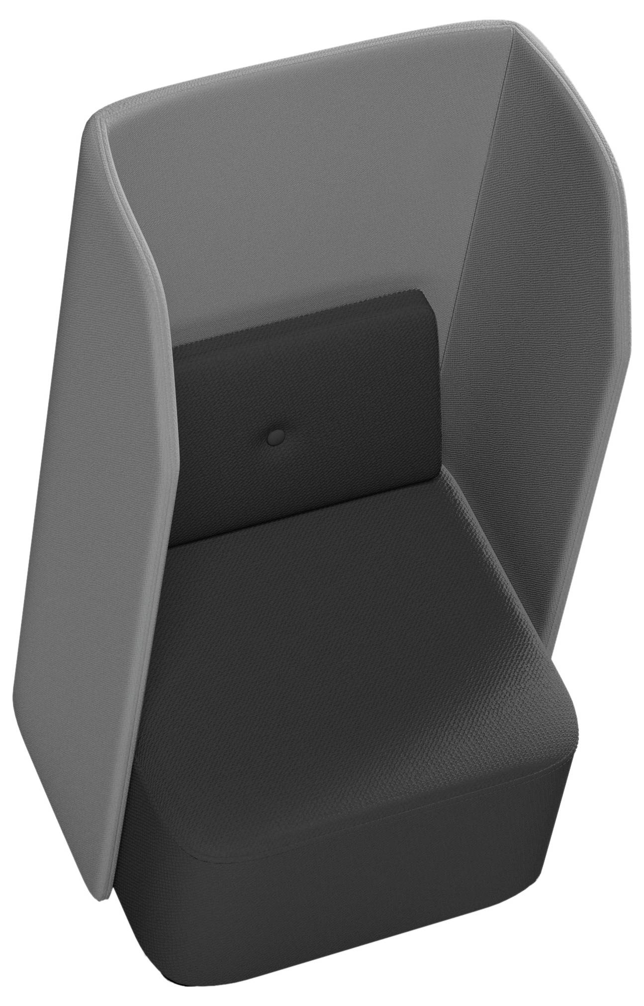 Moderni sivo-crni naslonjač s visokim bočnim stranicama za privatnost i integriranim naslonom za leđa. Idealan za uredske prostore ili lounge prostorije.