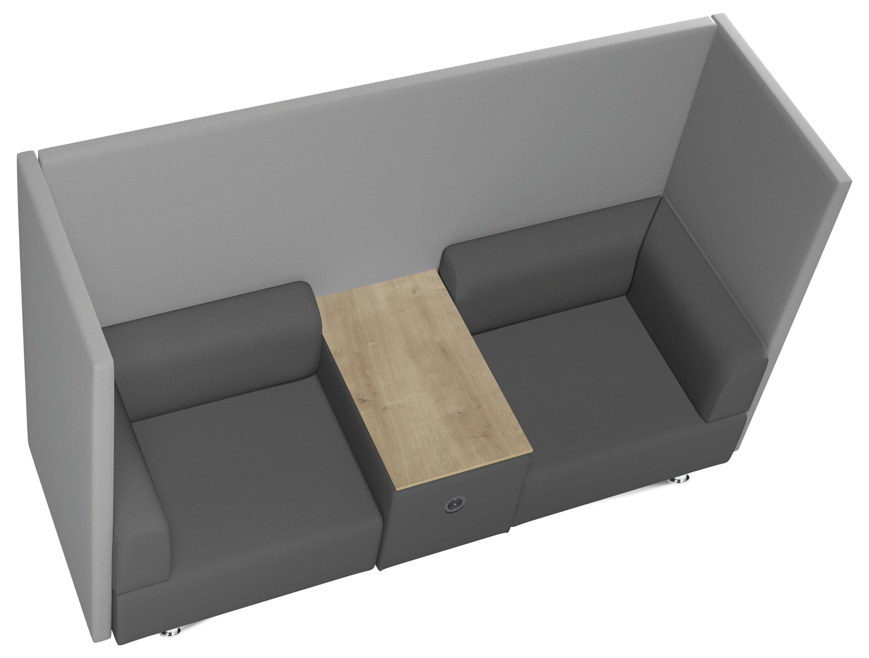 Siva sofa visokog naslonjača čini kutić za sjedenje s dva sjedišta i drvenim stolom u sredini.