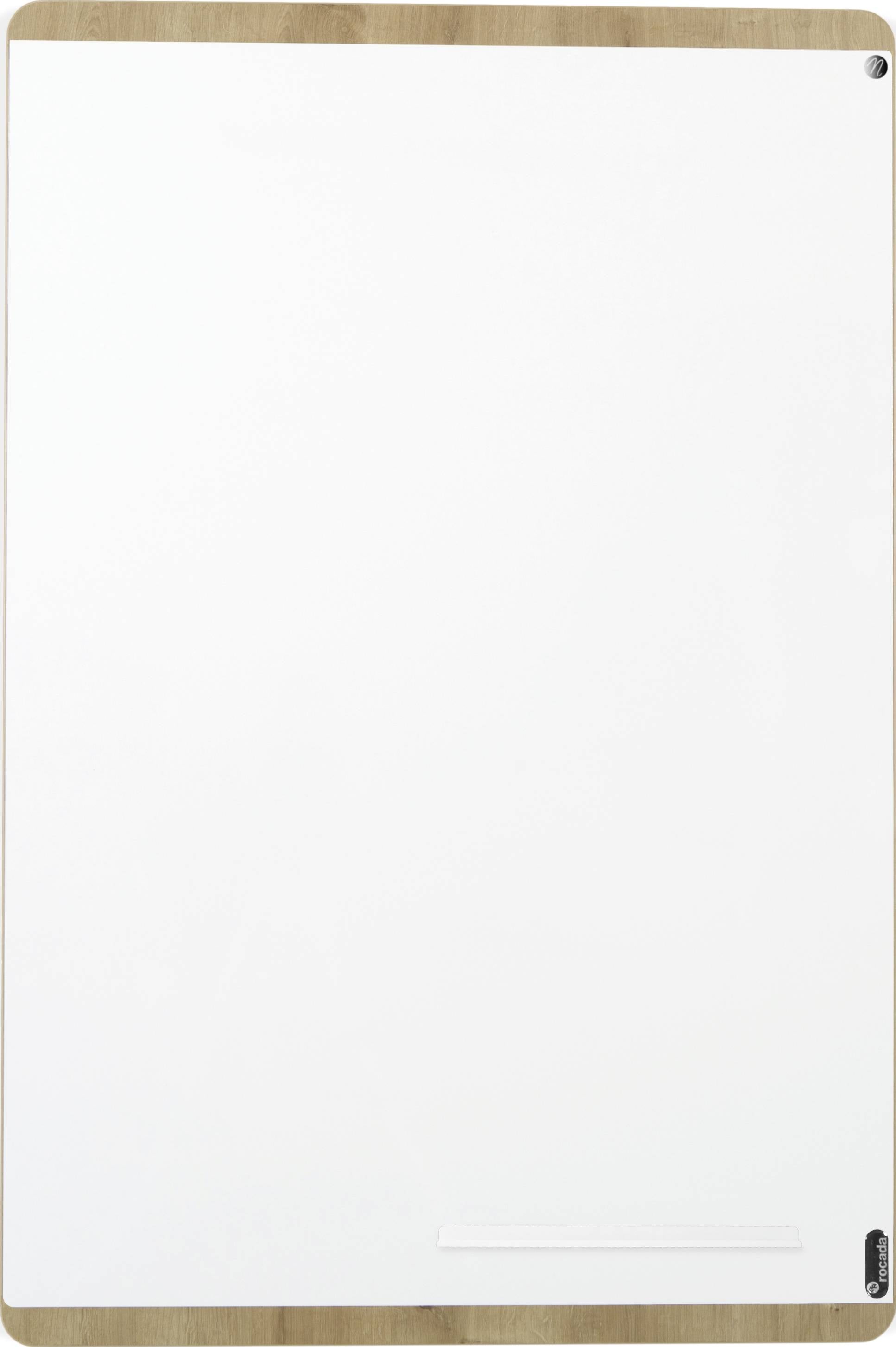 Prazan, pravokutni whiteboard s drvenim okvirom.