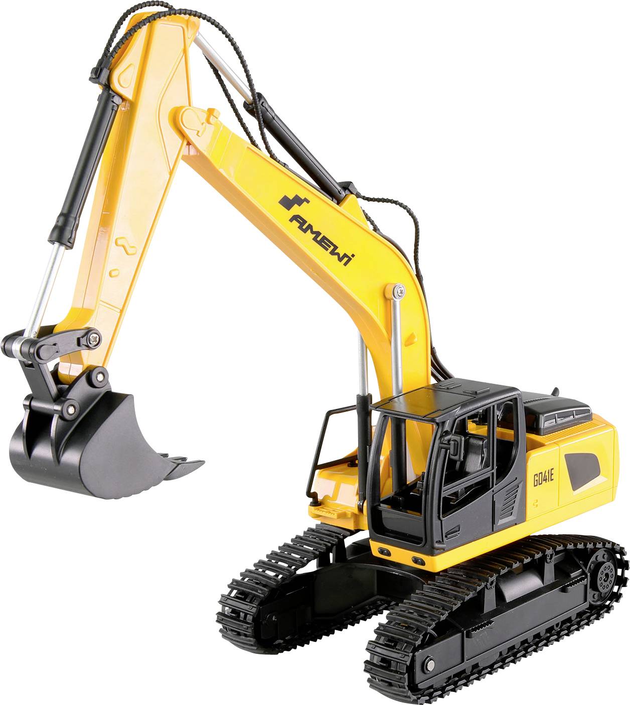 Žuti bager za igru s crnim hvatačem i gusjeničnim pogonom, stoji na ravnoj površini.